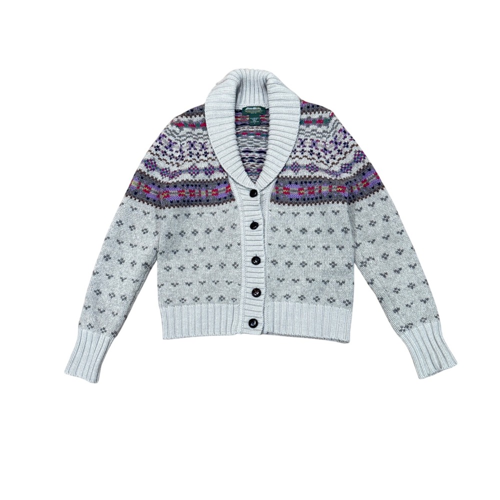 Eddie Bauer Cardigan Sweater Women S Gray Lambswool Fair Isle Shawl Collar Hol09